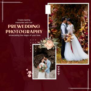 Couple in prewedding photoshoot with floral arrangements and a maroon background.
