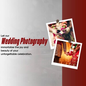 Wedding photography advertisement with a couple's photo and text promoting wedding photography services.