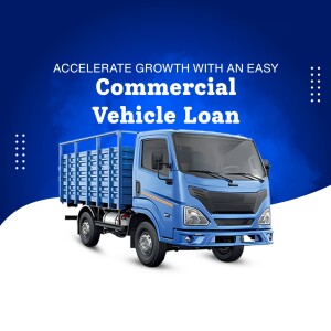Blue commercial truck with text promoting commercial vehicle loans