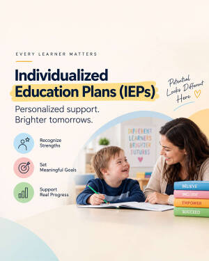 A teacher assisting a young boy with his schoolwork to emphasize individualized education plans.