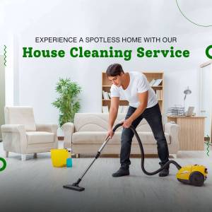 Man vacuuming a living room with cleaning supplies nearby, promoting a house cleaning service.