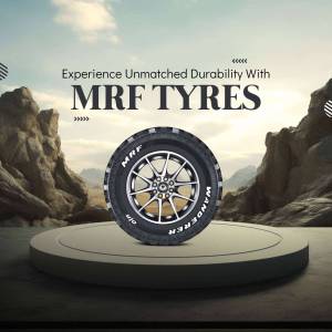 MRF Tyre on a pedestal with a mountain backdrop