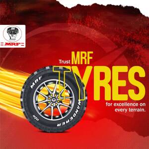 MRF Tyre advertisement with a tyre and the tagline 'for excellence on every terrain'