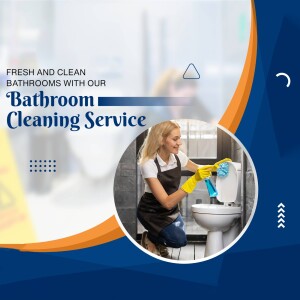 Woman cleaning a bathroom with professional cleaning supplies