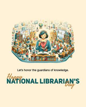 Illustration celebrating National Librarian's Day with a librarian surrounded by a busy library scene.