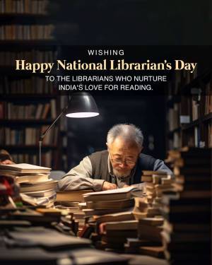 An elderly librarian reading a book surrounded by stacks of books, with a warm lamp illuminating the scene.