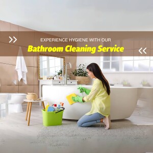 Woman cleaning a bathroom with cleaning supplies