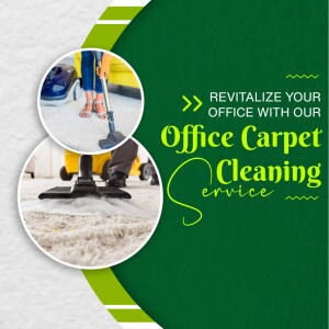 Image of office carpet cleaning service with a person vacuuming and a before-and-after comparison.