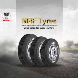 MRF Tyres advertisement featuring three tyres of different sizes on a road.