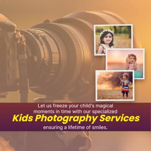 Advertisement for kids photography services with a camera and child photos