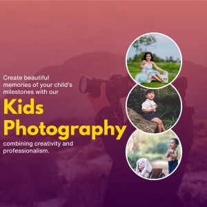 Kids photography advertisement with images of children and a camera.