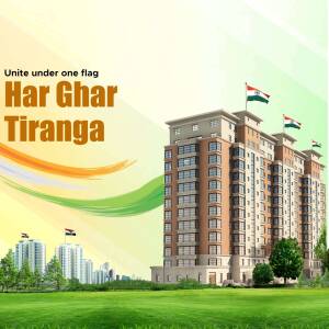 Image depicting the Har Ghar Tiranga campaign with a building adorned with Indian flags.