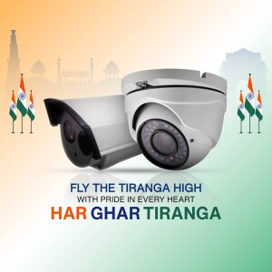 Security camera with Indian flags and the Red Fort in the background, promoting the Har Ghar Tiranga campaign.
