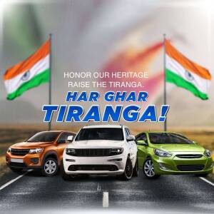 Image depicting the Har Ghar Tiranga campaign with Indian flags and Jeep cars.
