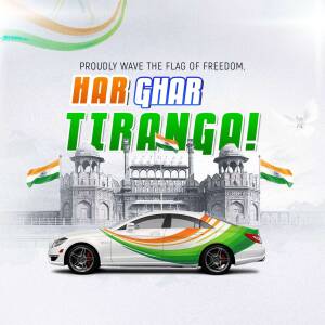Image depicting the 'Har Ghar Tiranga' campaign with the Indian flag on a car and Taj Mahal in the background.