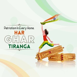 Illustration of a person holding the Indian flag with gold bangles and the 'Har Ghar Tiranga' text.