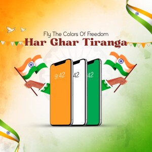 Har Ghar Tiranga campaign illustration with smartphones displaying the Indian flag colors.