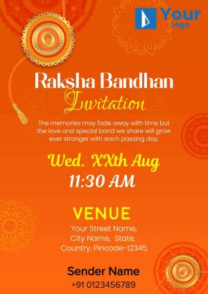 Raksha Bandhan invitation card with orange background and traditional designs