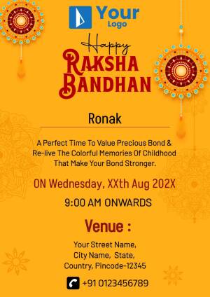 Raksha Bandhan celebration invitation with traditional decorations and event details.