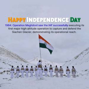 Indian Air Force soldiers with the Indian flag in a snowy landscape commemorating Operation Meghdoot.