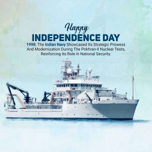 Image depicting an Indian Navy ship with text celebrating Independence Day and referencing the Pokhran-II nuclear tests.