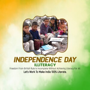 Group of children studying outdoors with an Independence Day themed background.