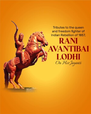 Statue of Rani Avantibai Lodhi on horseback with text commemorating her birth anniversary.