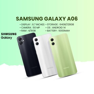 Samsung Galaxy A06 smartphone in black, white, and light green colors