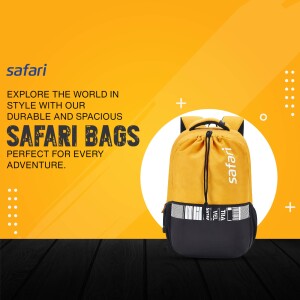Yellow and black Safari backpack on a vibrant orange background with text promoting travel and adventure.