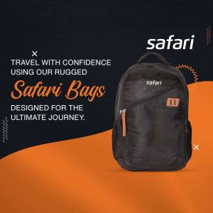 Black Safari backpack with orange and yellow accents, promoting travel confidence.