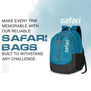Blue and gray Safari backpack with text promoting durability and travel.