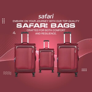 Three Safari brand luggage bags in varying sizes displayed against a red and white background.