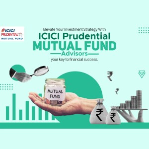 Image promoting ICICI Prudential Mutual Fund with a hand holding a jar labeled 'Mutual Fund' and financial symbols.
