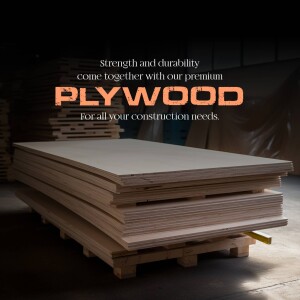 Stack of plywood sheets on a pallet, advertising strength and durability.