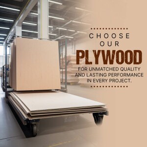 Stack of plywood sheets on a cart in a warehouse with text promoting quality and performance.