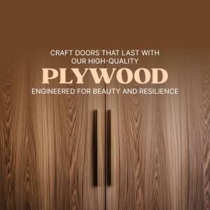 Close-up of a plywood door with silver handles and text promoting its durability.