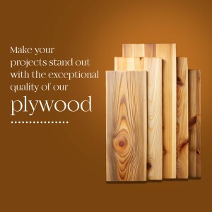 Stack of plywood sheets with text promoting quality