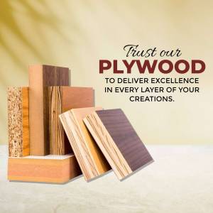 Stack of plywood sheets with text 'Trust our PLYWOOD to deliver excellence in every layer of your creations.'