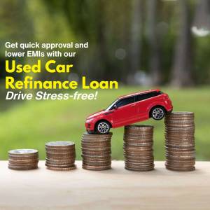 Image depicting a red toy car on stacks of coins, representing used car loan refinance and savings.