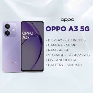 OPPO A3x 5G smartphone in purple color with specifications