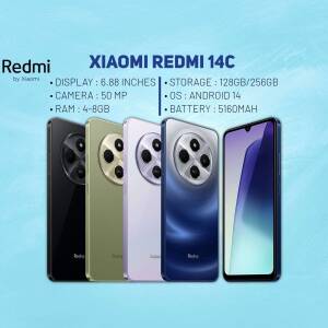 Xiaomi Redmi 14C smartphone in black, olive, purple and white colors with specifications.
