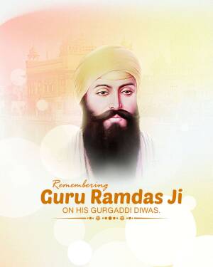 Portrait of Guru Ramdas Ji with text commemorating Gurpurb