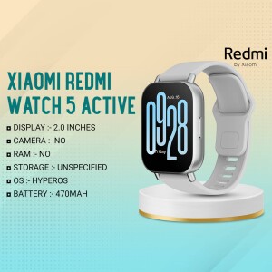 Redmi Watch 5 Active smartwatch on a charging dock with specifications displayed.