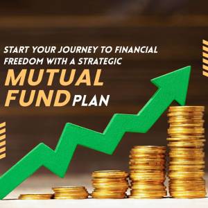 Image promoting mutual fund investments with a green upward arrow and stacks of gold coins.