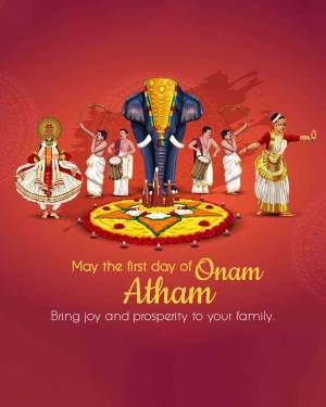 Onam festival illustration with traditional Kerala art forms and an elephant.