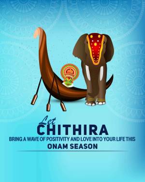 Illustration of a decorated elephant and a traditional Kerala houseboat for Onam festival