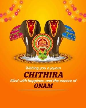 Illustration of decorated elephants and traditional Kerala art for Chithira Onam festival