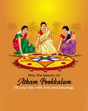 Women creating a colorful Pookkalam flower arrangement for Onam festival