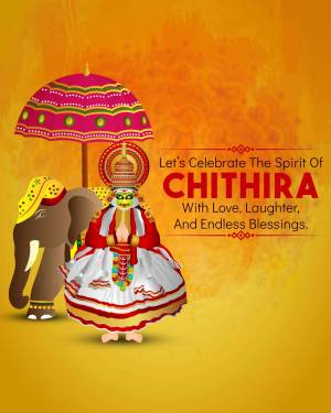 Illustration of a traditional Kerala Kathakali performer with an elephant and decorated umbrella for Chithira festival