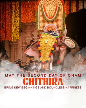 Decorated elephant during Onam festival with text 'May the second day of Onam Chithira'
